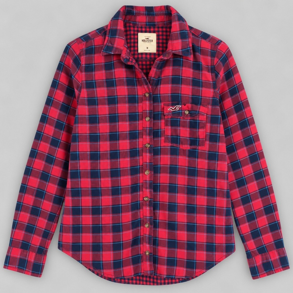 Hollister Womens Red Navy Plaid Flannel Button Down Shirt Size M 100% Cotton